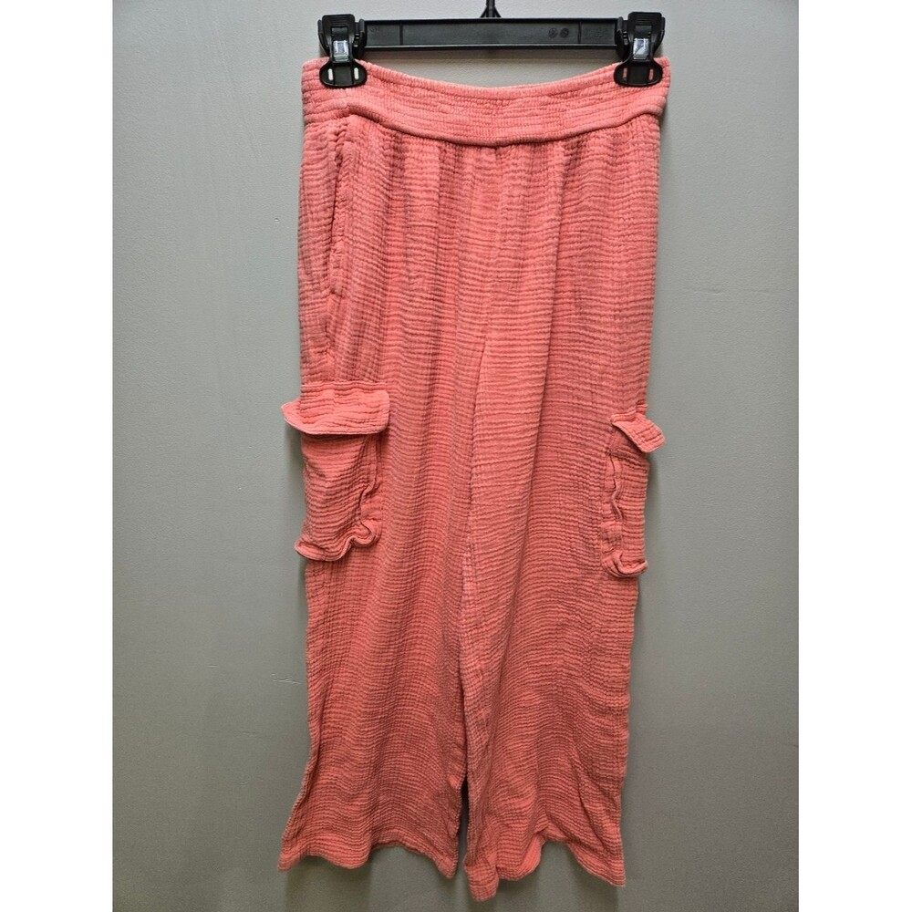 Aerie Pants Small Womens Gauzy Wide Leg Side Pockets Pull On Pink 100% Cotton